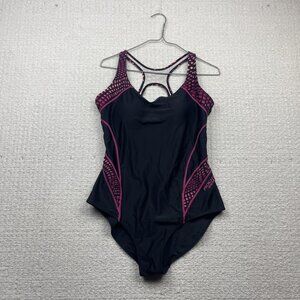 Roots 73 Bathing Suit One Piece Black / Neon Pink Women Sz 14 Racer Back